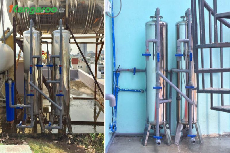 Hệ thống lọc tổng đầu nguồn Bách Khoa inox SUS304 2 cột lọc xử lý nước và 1 bình lọc tinh. 