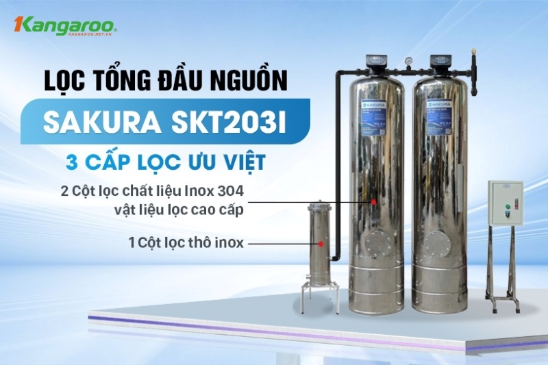Lọc tổng đầu nguồn Sakura SKT203I được trang bị 3 cấp lọc áp lực ưu việt